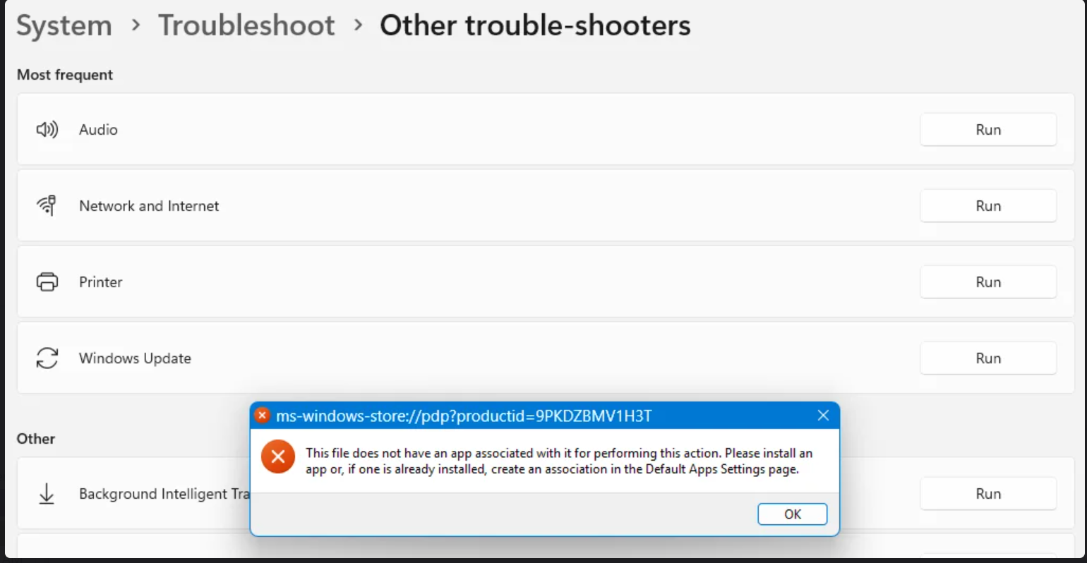 System > Troubleshoot > Other trouble-shooters - do not run, gives error pop-up... | Microsoft Community Hub